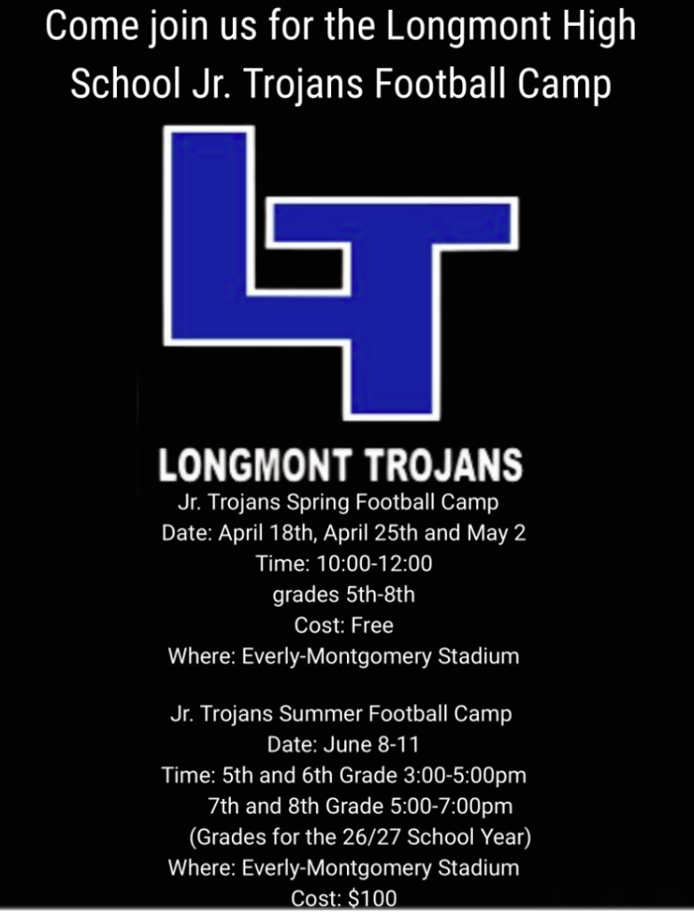 Promotional flyer for Longmont Jr. Trojans Football Camp with dates, times, grades, location, and costs listed.