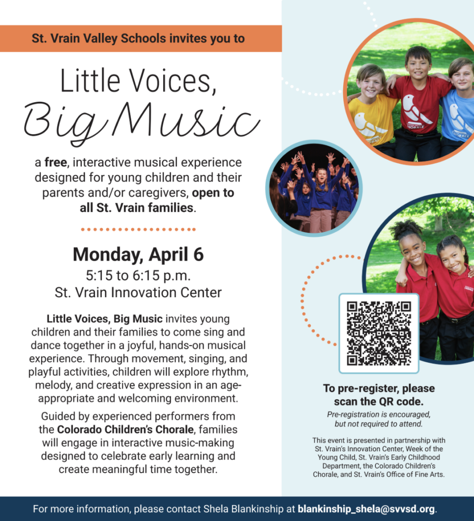 Event flyer for "Little Voices, Big Music," a free interactive musical experience for young children and families.