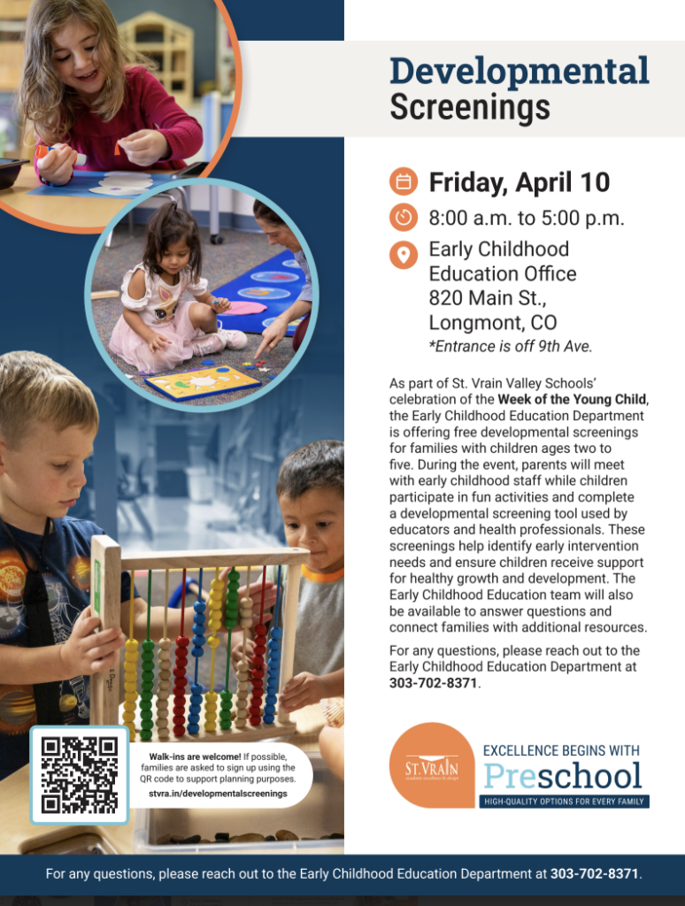 Image of children engaging in activities at a developmental screening event, with details about the event on the side.