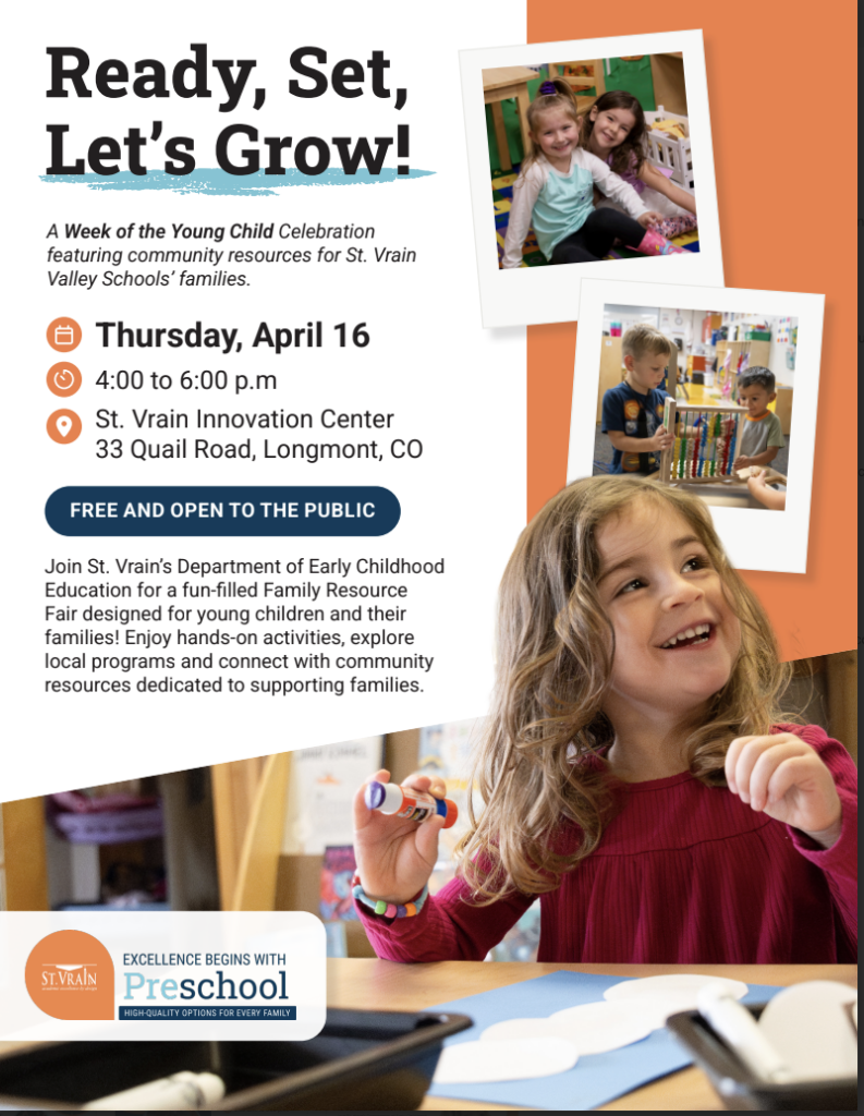 Event flyer for a family resource fair on April 16, featuring children engaged in activities at St. Vrain Innovation Center.