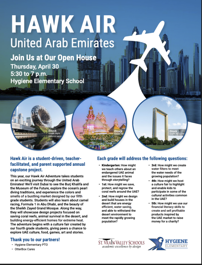 Promotional flyer for Hawk Air's Open House event at Hygiene Elementary, featuring UAE culture and student projects.