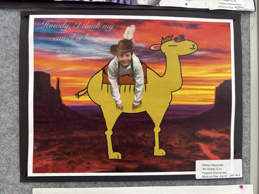 A child in a cowboy hat sits on a cartoonish yellow camel against a colorful sunset background.
