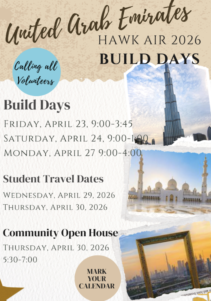 Event flyer for UAE Hawk Air 2026, featuring build days, travel dates, and a community open house.