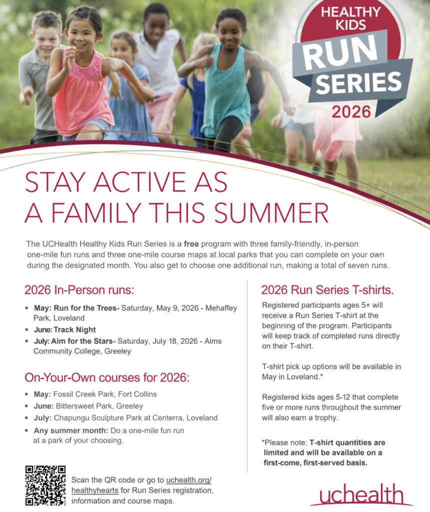 Promotional flyer for the UCHealth Healthy Kids Run Series 2026, featuring summer family activities and event details.