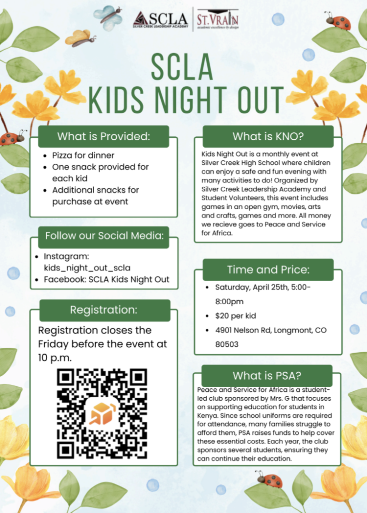 Event flyer for SCLA Kids Night Out, detailing activities, registration, and support for education in Africa.