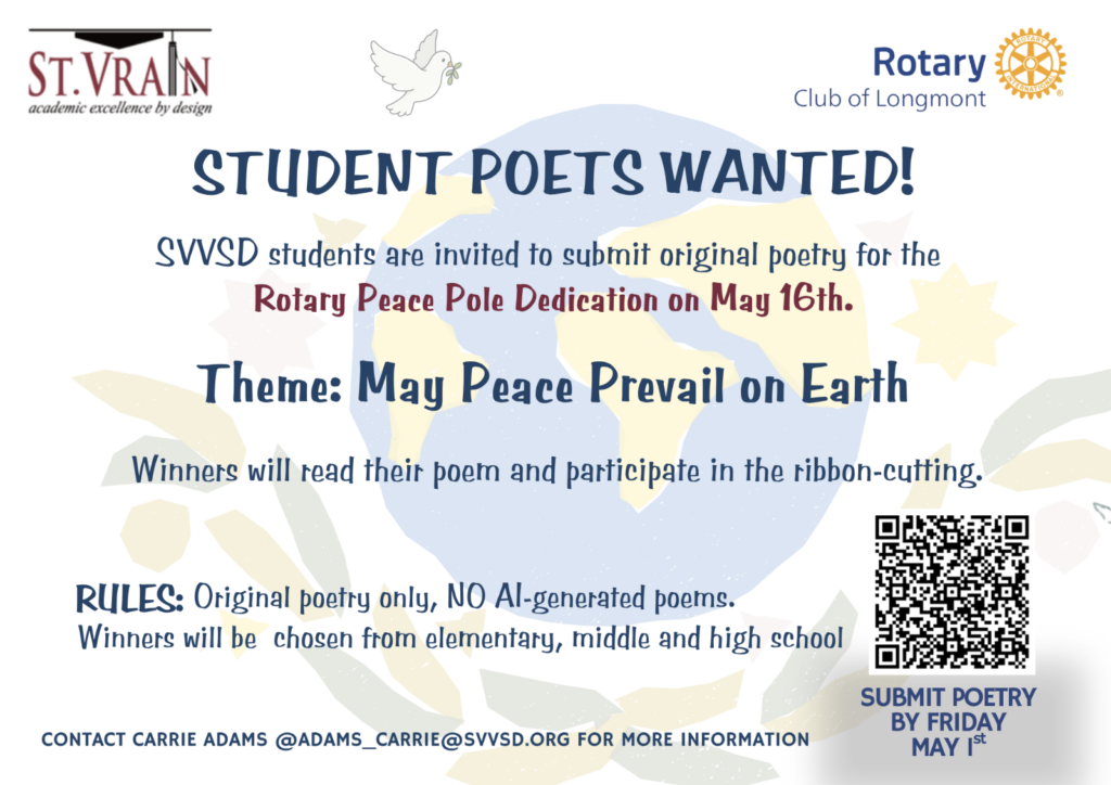 Poster inviting SVVSD students to submit original poetry for a Rotary Peace Pole dedication on May 16th.