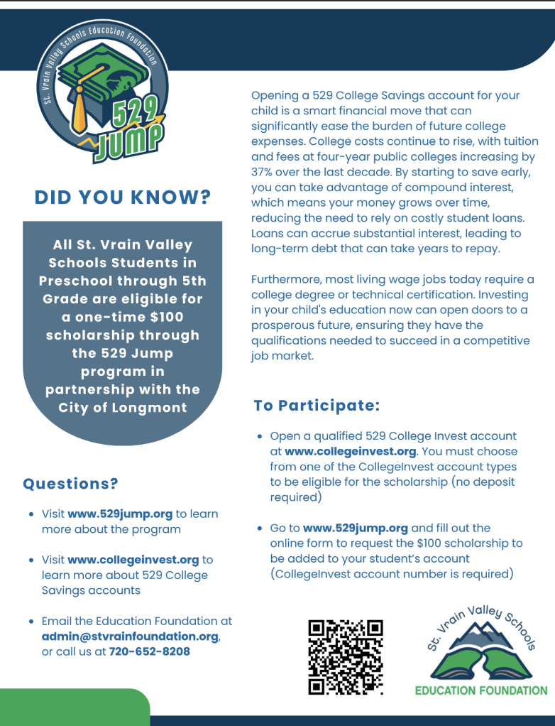 Informational flyer about the 529 Jump program, offering scholarships for St. Vrain Valley Schools students.