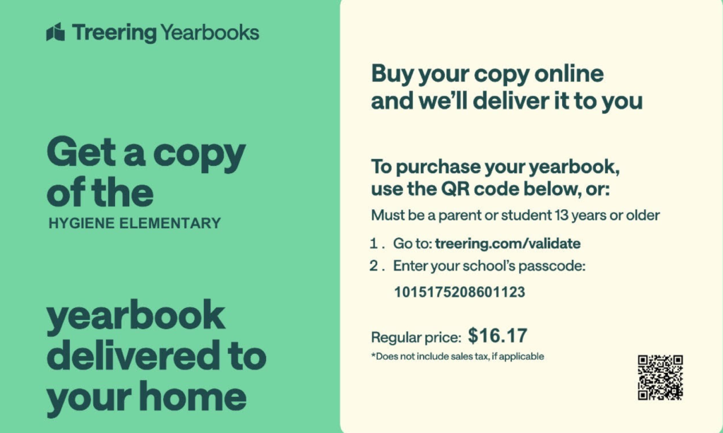 Ad for Hygiene Elementary yearbooks, featuring purchase instructions and a QR code for online orders. Price: $16.17.