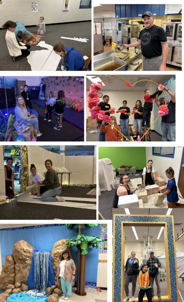 Collage de personas realizando diversas actividades, como manualidades, cocina y la colocación de adornos en una escuela.