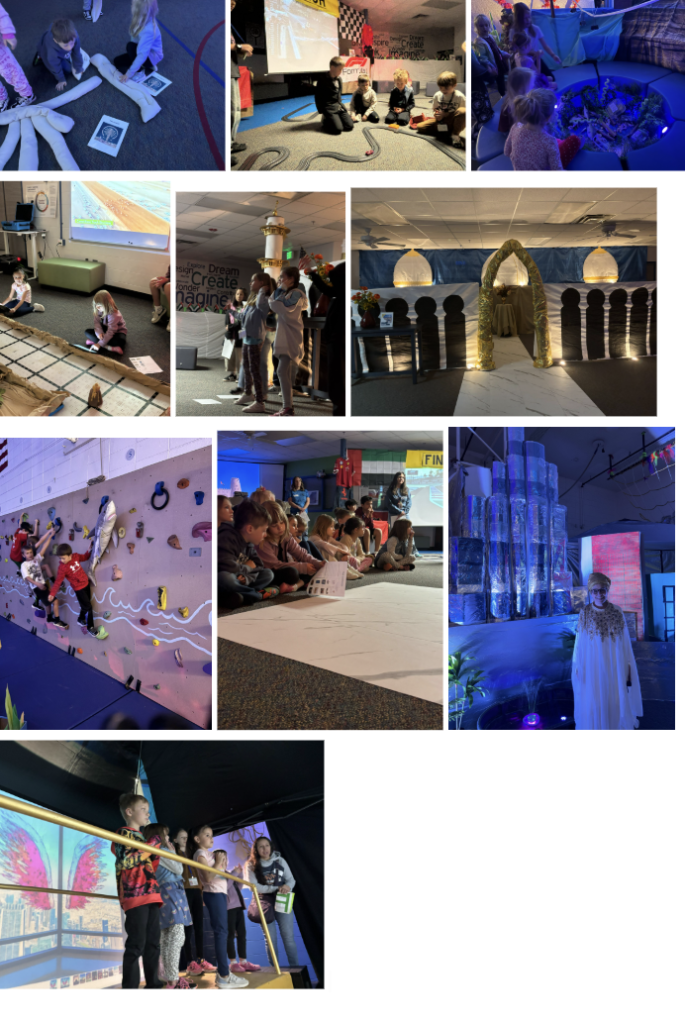 Un collage de niños realizando diversas actividades, como escalada, actuaciones y proyectos creativos en entornos llenos de color.