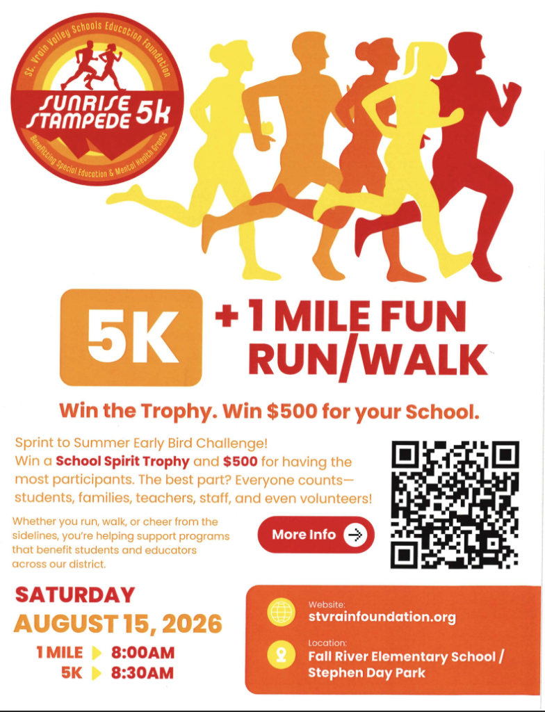 Poster for the Sunrise Stampede 5K and 1 Mile Fun Run/Walk on August 15, 2026, at Fall River Elementary School.