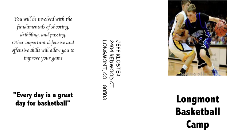 A basketball camp flyer featuring skills development, contact info, and an action shot of players on the court.