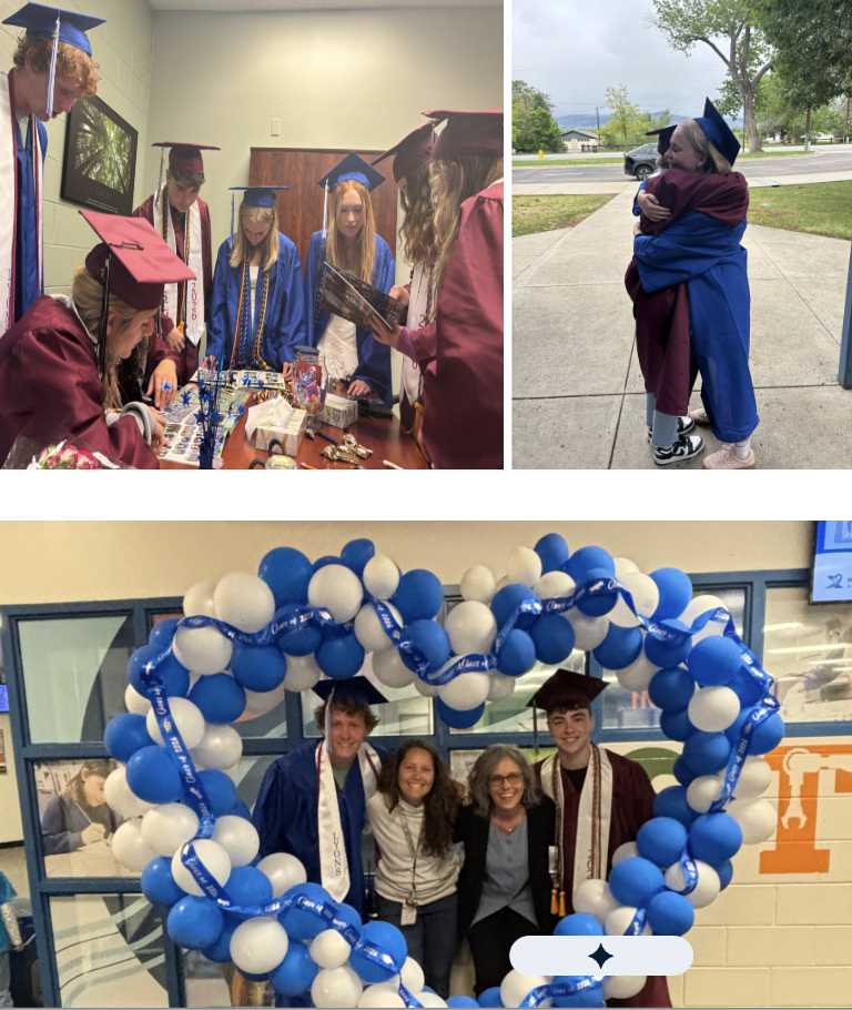 Graduates in caps celebrate together, engaging in activities and taking photos with friends and family.