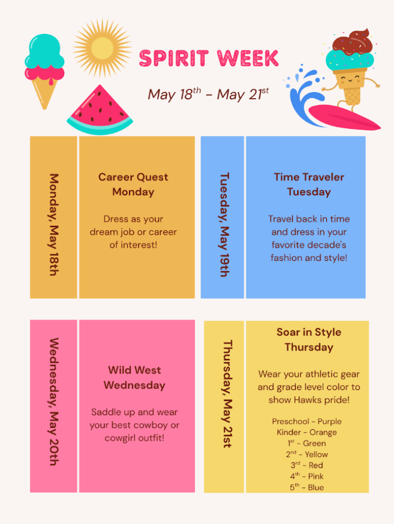 Colorful Spirit Week schedule from May 18-21, detailing themed dress-up days for each day of the week.