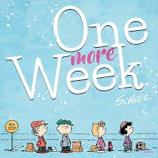 Four children wait at a bus stop with winter attire, under a snowy sky, with the text "One more Week" above them.